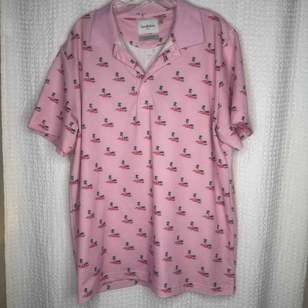Men's Goodfellow & Co XL Pink Palm Tree Island Vibes Short Sleeve Polo Shirt